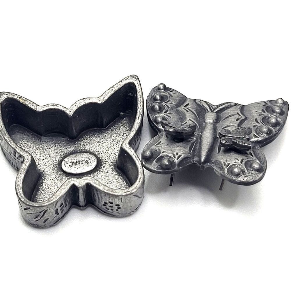 Torino pewter trinket box with matching butterfly pin/brooch set 1.25in